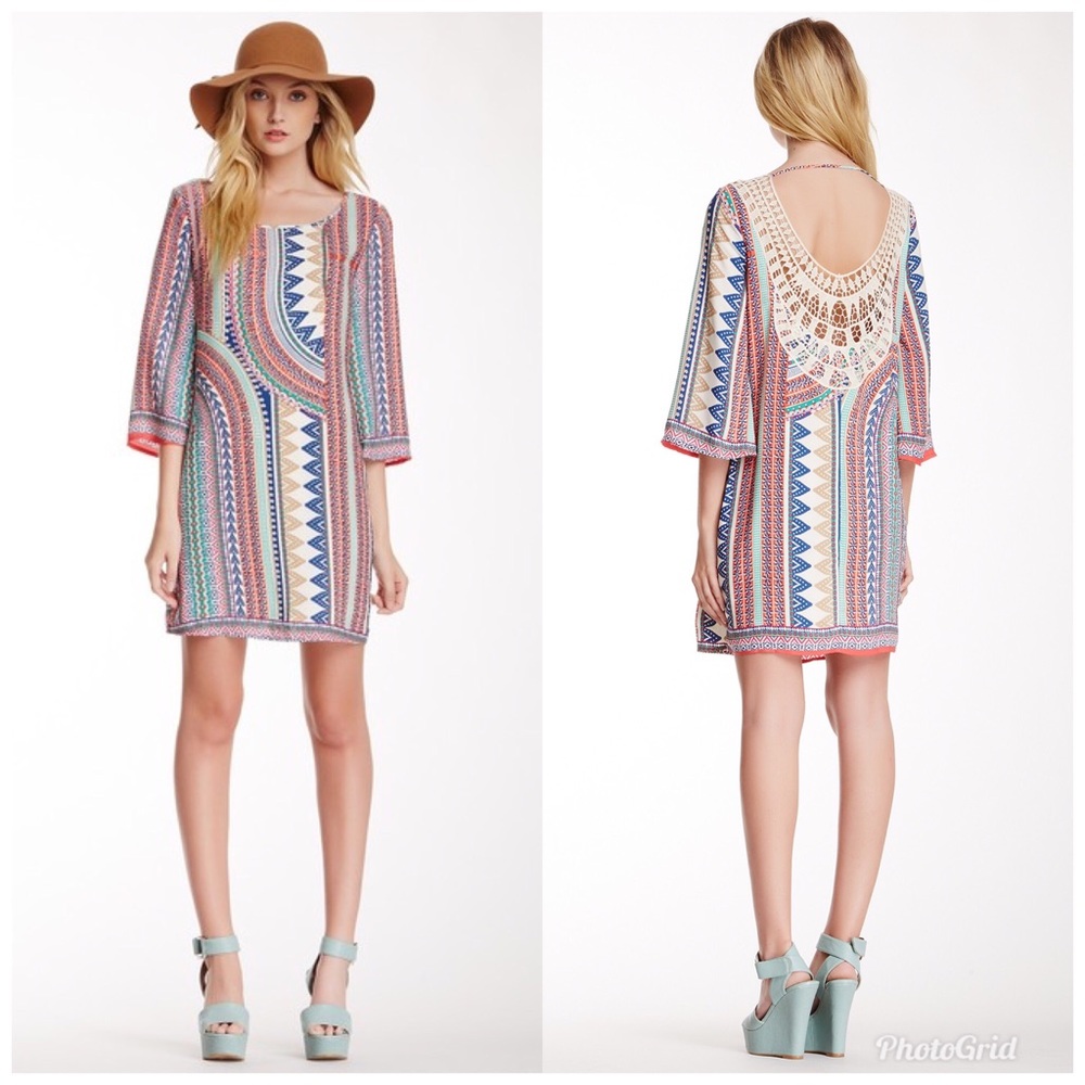 Pink Owl Boho Shift Dress 3/4 Sleeve, Sz L